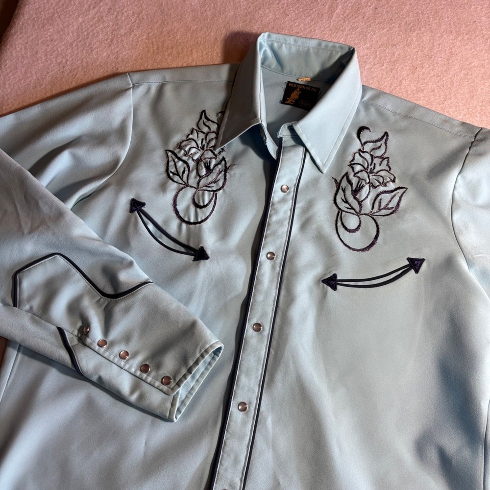 Vintage Sears Western Wear Light Blue Pearl Snap Embroidered Cowboy Shirt Men 16